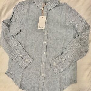 Quince 100% European Linen Blue & White Striped Long Sleeved Shirt NWT Size XS.